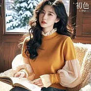 【初色】簡約休閒寬鬆雅致木耳邊澎澎袖撞色高領長袖上衣女上衣-黃色-15858(M-2XL可選) 2XL 黃色