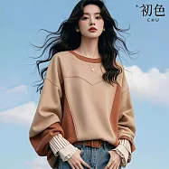 【初色】休閒通勤風拚色拼接寬鬆圓領長袖T恤衛衣上衣女上衣-咖色-15862(M-2XL可選) XL 咖色