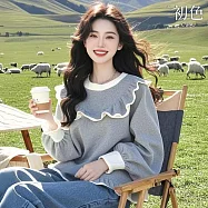 【初色】甜美風拼接撞色荷葉邊圓領寬鬆長袖T恤上衣女上衣-灰色-15863(M-2XL可選) 2XL 灰色