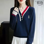 【初色】休閒寬鬆鈕扣刺繡撞色拼接V領長袖上衣女上衣-共2色-15918(M-3XL可選) M 藏藍色