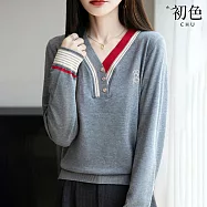 【初色】休閒寬鬆鈕扣刺繡撞色拼接V領長袖上衣女上衣-共2色-15918(M-3XL可選) 2XL 灰色