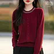 【初色】純色圓領燙鑽長袖針織毛衣內搭打底衫上衣女上衣-共7色-15919(M-3XL可選) XL 酒紅色