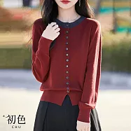 【初色】簡約寬鬆薄款拼色圓領排釦長袖針織衫上衣女上衣-共3色-15920(M-3XL可選) 2XL 安哥拉紅色