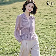 【初色】純色V領單排扣長袖網紗收腰上衣女上衣+素色百搭休閒褲長褲套裝-紫衣米白褲-15882(M-2XL可選) XL 紫衣米白褲