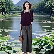 【初色】撞色翻領長袖針織衫上衣女上衣+純色直筒褲休閒褲寬褲長褲套裝-紫衣灰褲-15884(F可選) F 紫衣灰褲