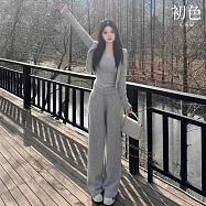【初色】純色V領上衣女上衣+長袖外套女外套+直筒褲休閒褲寬褲長褲套裝-灰色-15938(F可選) F 灰色