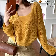 【初色】韓系純色圓領無袖吊帶背心女背心+絞花鏤空V領長袖針織衫罩衫套裝-共2色-15945(F可選) F 黃色