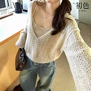 【初色】韓系純色圓領無袖吊帶背心女背心+絞花鏤空V領長袖針織衫罩衫套裝-共2色-15945(F可選) F 米白色