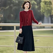 【初色】假兩件長袖圓領釦子針織上衣女上衣+純色A字裙半身裙套裝-共4色-15892(F可選) F 酒紅色