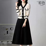 【初色】小香風撞色短版V領排釦長袖針織外套+純色鬆緊腰A字半身裙長裙套裝-共2色-15896(F可選) F 米色