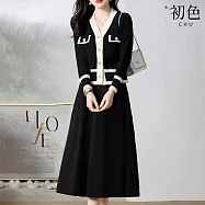 【初色】小香風撞色短版V領排釦長袖針織外套+純色鬆緊腰A字半身裙長裙套裝-共2色-15896(F可選) F 黑色