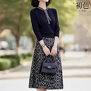【初色】優雅風V領長袖針織衫上衣女上衣+高腰顯瘦中長裙套裝-藏藍色-15903(F可選) F 藏藍色