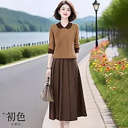 【初色】學院風假兩件娃娃領長袖針織衫上衣女上衣+純色顯瘦百褶半身裙長裙套裝-棕色-15906(F可選) F 棕色