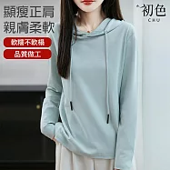 【初色】棉麻風純色大碼寬鬆抽繩連帽長袖上衣女上衣-共9色-15977(M-3XL可選) M 藍綠色