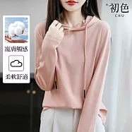 【初色】棉麻風純色大碼寬鬆抽繩連帽長袖上衣女上衣-共9色-15977(M-3XL可選) M 粉色