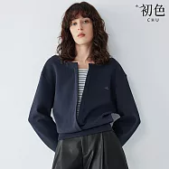 【初色】休閒風寬鬆假兩件拼接一字領長袖T恤大學T上衣女上衣-藏青色-15953(M-2XL可選) M 藏青色