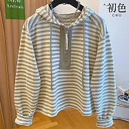 【初色】韓系寬鬆休閒撞色條紋半門襟拉鍊抽繩連帽長袖T恤上衣女上衣-共2色-15971(M-2XL可選) L 灰色