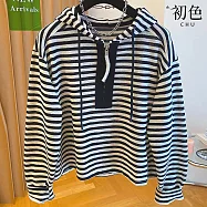 【初色】韓系寬鬆休閒撞色條紋半門襟拉鍊抽繩連帽長袖T恤上衣女上衣-共2色-15971(M-2XL可選) 2XL 黑色