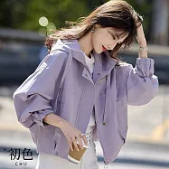 【初色】韓系通勤風休閒寬鬆短版抽繩連帽束口長袖夾克外套女外套-共3色-16056(M-2XL可選) XL 紫色