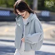 【初色】韓系通勤風休閒寬鬆短版抽繩連帽束口長袖夾克外套女外套-共3色-16056(M-2XL可選) XL 藍色