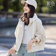 【初色】韓系通勤風休閒寬鬆短版抽繩連帽束口長袖夾克外套女外套-共3色-16056(M-2XL可選) XL 杏色