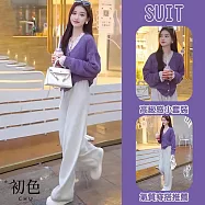 【初色】細閃愛心排釦拼接蕾絲V領長袖針織衫上衣+純色抽繩直筒休閒褲寬褲長褲套裝-紫衣杏褲-16048(F可選) F 紫衣杏褲