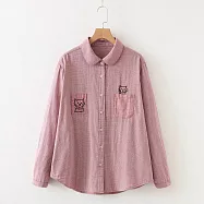 【ACheter】 棉麻千鳥格長袖大碼小貓刺繡格子襯衫上衣# 126290 XL 玫紅色