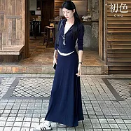 【初色】純色簡約寬鬆V領長袖七分袖上衣女上衣+鬆緊腰垂感半身裙中長裙套裝-藏藍色-16054(M-XL可選) M 藏藍色