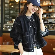 【初色】休閒簡約寬鬆拼接單排釦口袋圓領長袖牛仔外套女外套-深藍色-16067(M-XL可選) M 深藍色