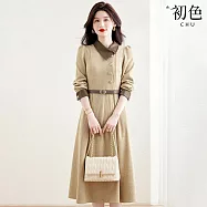 【初色】日系小香風收腰排釦翻領長袖A字連衣裙連身洋裝長洋裝-卡其色-16069(M-2XL可選) M 卡其色