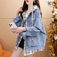 【初色】休閒寬鬆假兩件連帽牛仔格紋拼接排扣翻領長袖外套女外套-藍色-16057(M-XL可選) M 藍色