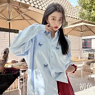 【初色】純色休閒簡約寬鬆蝴蝶圖樣刺繡翻領長袖襯衫上衣女上衣-藍色-16061(M-2XL可選) M 藍色