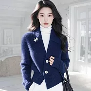 【初色】純色簡約柔軟翻領長袖針織毛衣開衫外套針織衫上衣女上衣-藏藍色-16003(F可選) F 藏藍色