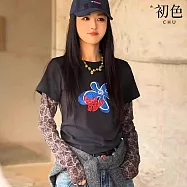 【初色】撞色拼接假兩件圓領長袖印花T恤內搭打底衫上衣女上衣-黑色-15995(M-2XL可選) M 黑色