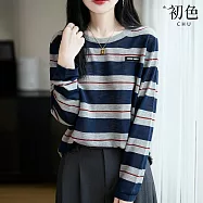 【初色】簡約撞色圓領條紋小剪標寬鬆長袖上衣女上衣-多色條紋-16005(F可選) F 多色條紋