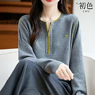 【初色】休閒簡約撞色半拉鍊刺繡圓領長袖針織毛衣上衣女上衣-共2色-16011(F可選) F 灰色