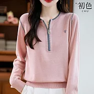【初色】休閒簡約撞色半拉鍊刺繡圓領長袖針織毛衣上衣女上衣-共2色-16011(F可選) F 粉色