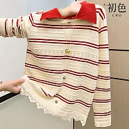 【初色】撞色拼接條紋蕾絲花邊鏤空雕花針織衫翻領長袖內搭打底衫毛衣上衣女上衣-共3色-16012(F可選) F 安可拉紅色