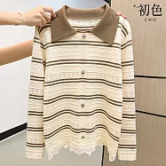 【初色】撞色拼接條紋蕾絲花邊鏤空雕花針織衫翻領長袖內搭打底衫毛衣上衣女上衣-共3色-16012(F可選) F 咖色