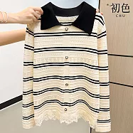 【初色】撞色拼接條紋蕾絲花邊鏤空雕花針織衫翻領長袖內搭打底衫毛衣上衣女上衣-共3色-16012(F可選) F 黑色