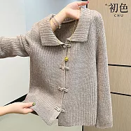 【初色】純色簡約寬鬆休閒中式鈕扣翻領長袖針織外套女外套-燕麥色-16022(F可選) F 燕麥色