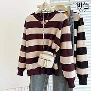 【初色】休閒簡約條紋圓領長袖寬鬆針織內搭打底毛衣上衣女上衣-共2色-16024(F可選) F 咖啡色