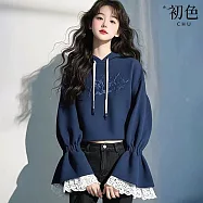 【初色】日系氣質印花短版抽繩連帽束口拼接蕾絲荷葉邊長袖帽T衛衣上衣女上衣-藏藍色-16002(M-2XL可選) M 藏藍色