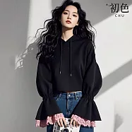 【初色】休閒簡約寬鬆縮口澎澎袖蕾絲連帽V領長袖帽T上衣女上衣-黑色-16000(M-2XL可選) XL 黑色