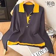 【初色】休閒風拼接撞色假兩件半門襟單排釦翻領長袖針織衫上衣女上衣-共2色-16001(F可選) F 咖色
