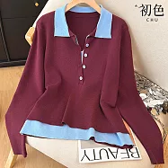 【初色】休閒風拼接撞色假兩件半門襟單排釦翻領長袖針織衫上衣女上衣-共2色-16001(F可選) F 安哥拉紅色