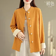 【初色】復古新中式拚色寬鬆盤扣圓領長袖襯衫茶服外套女外套-共2色-16072(M-2XL可選) M 桔色