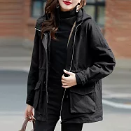 【MsMore】 風衣中長款外套小個子百搭寬鬆口袋連帽長袖工裝# 123522 XL 黑色