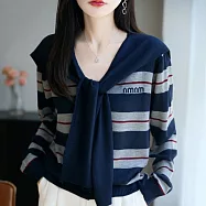 【MsMore】 V領附披肩條紋針織衫字母長袖毛衣上衣# 126353 FREE 藏青色