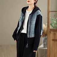 【MsMore】 韓系減齡牛仔拼接撞色假兩件連帽外套夾克# 126364 FREE 黑色